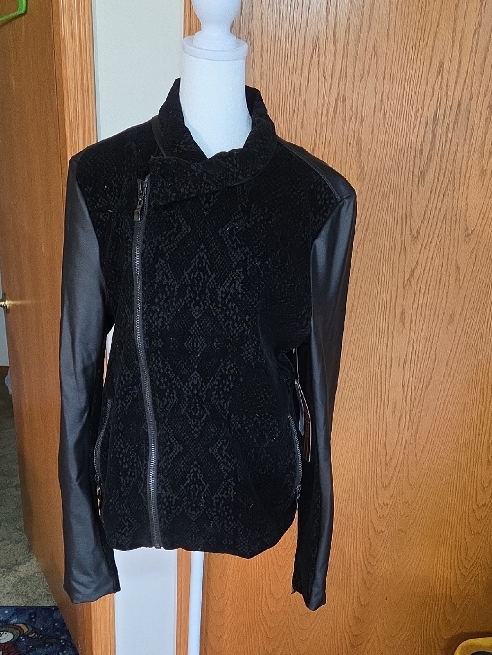 #15 Liverpool Jeans Company Women's Black Mixed-Media Asymmetrical Zip Jacket